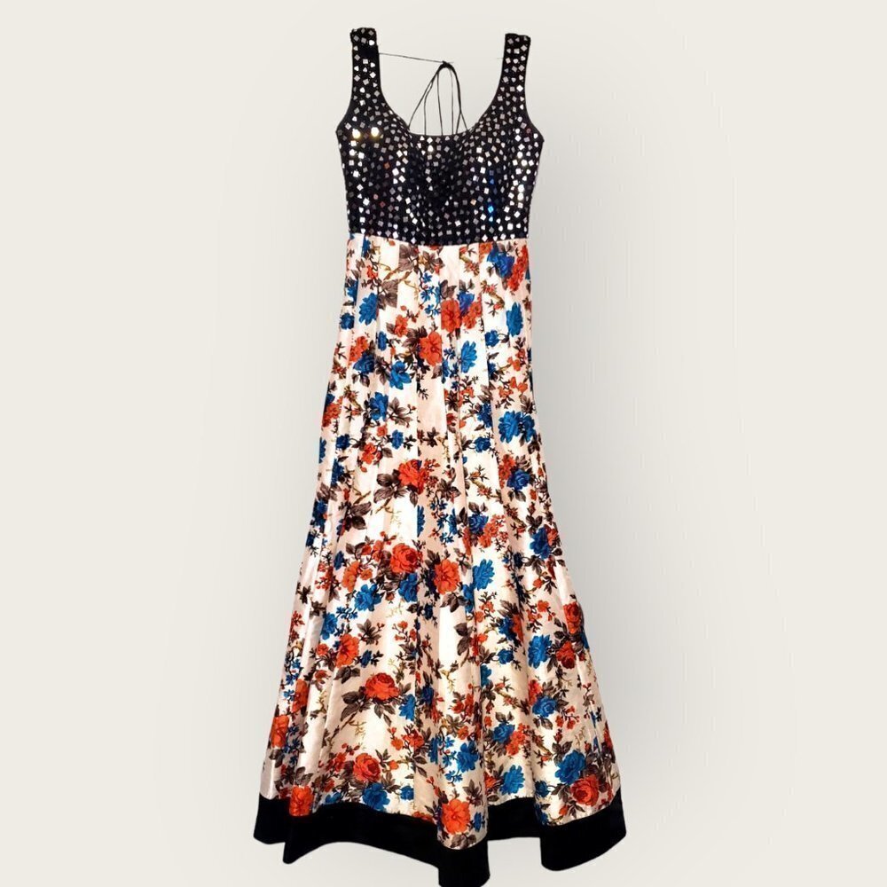 Evening Gown Handmade Floor Length Black and Floral Print Size Small
